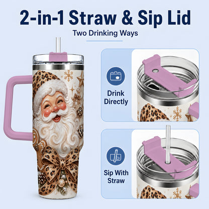 #pl[40oz|Pink] Leopard Bow Christmas 40oz Tumbler with Santa and Tree Artwork