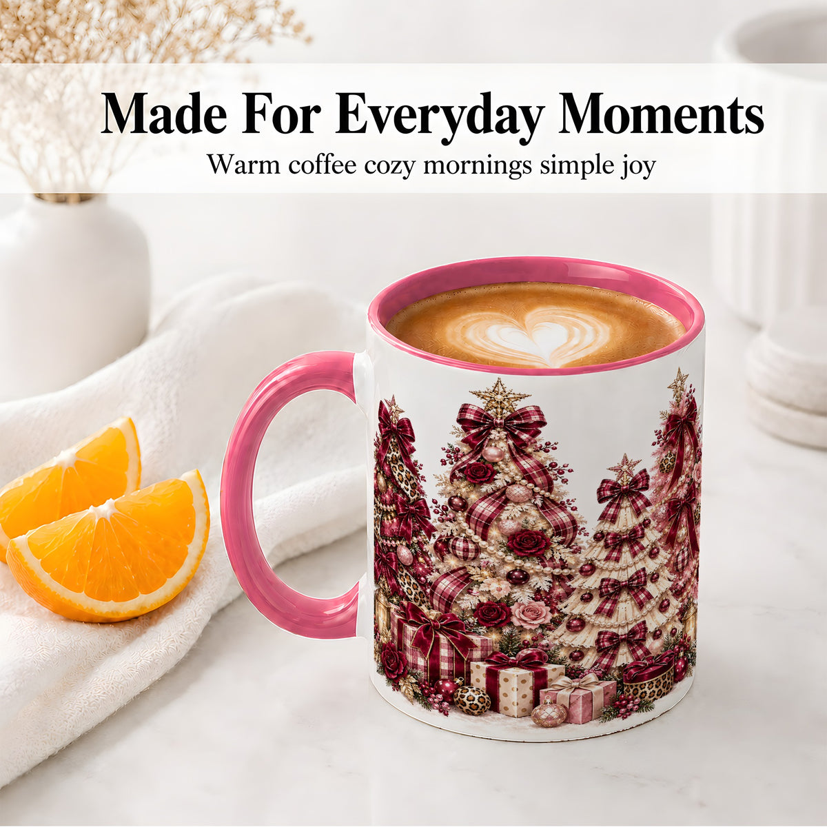 #pl[11oz|Pink] Burgundy Plaid Christmas Ceramic Mug, Decorated Tree Artwork