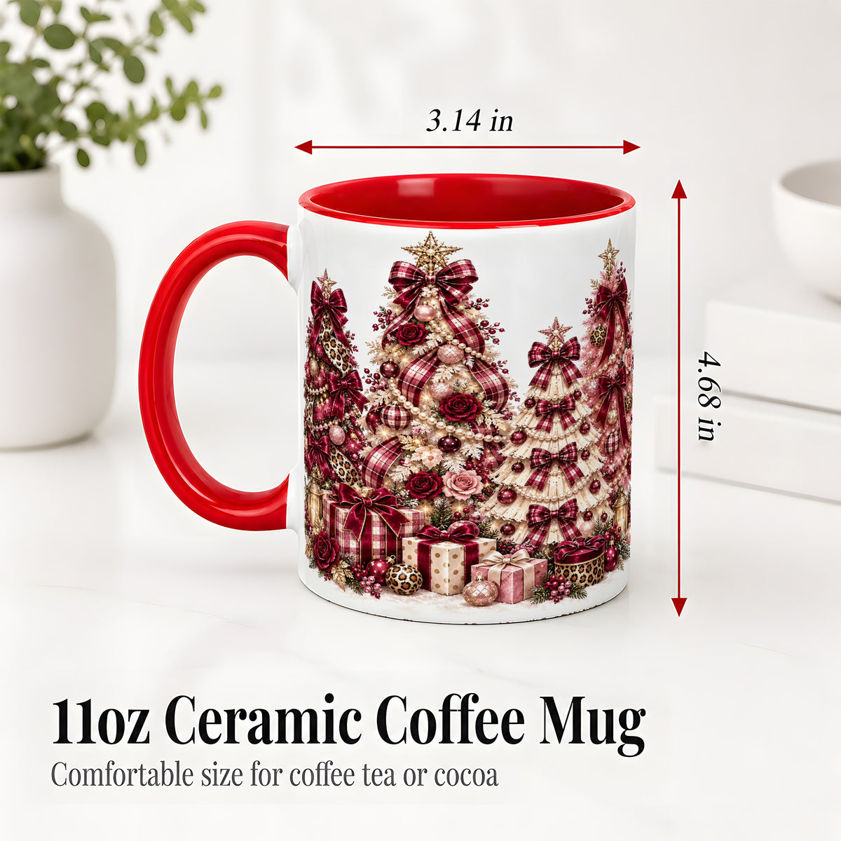 #pl[11oz|Red] Burgundy Plaid Christmas Ceramic Mug, Decorated Tree Artwork