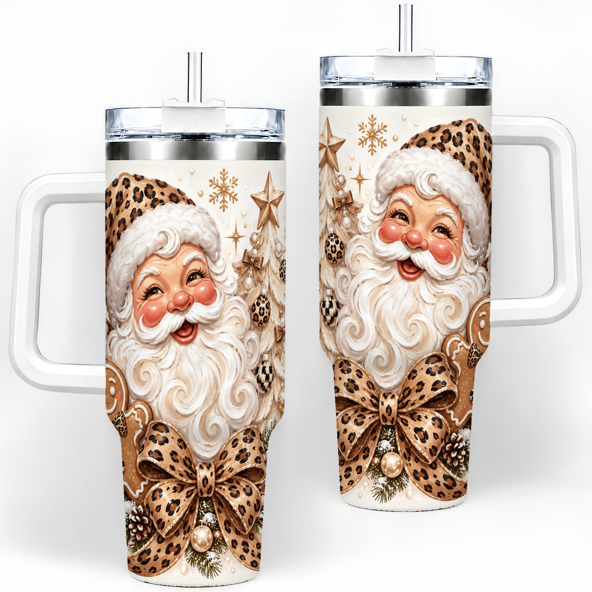 Leopard Bow Christmas 40oz Tumbler with Santa and Tree Artwork