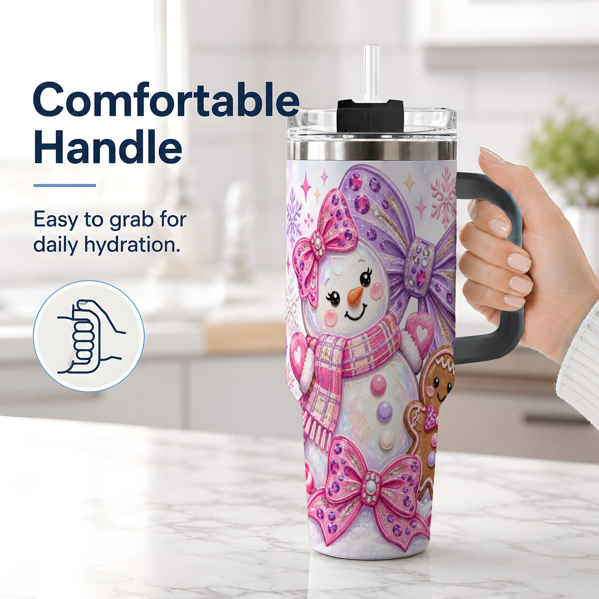 #pl[40oz|Black] Pink Gingerbread Christmas 40oz Tumbler with Snowman and Bow Artwork