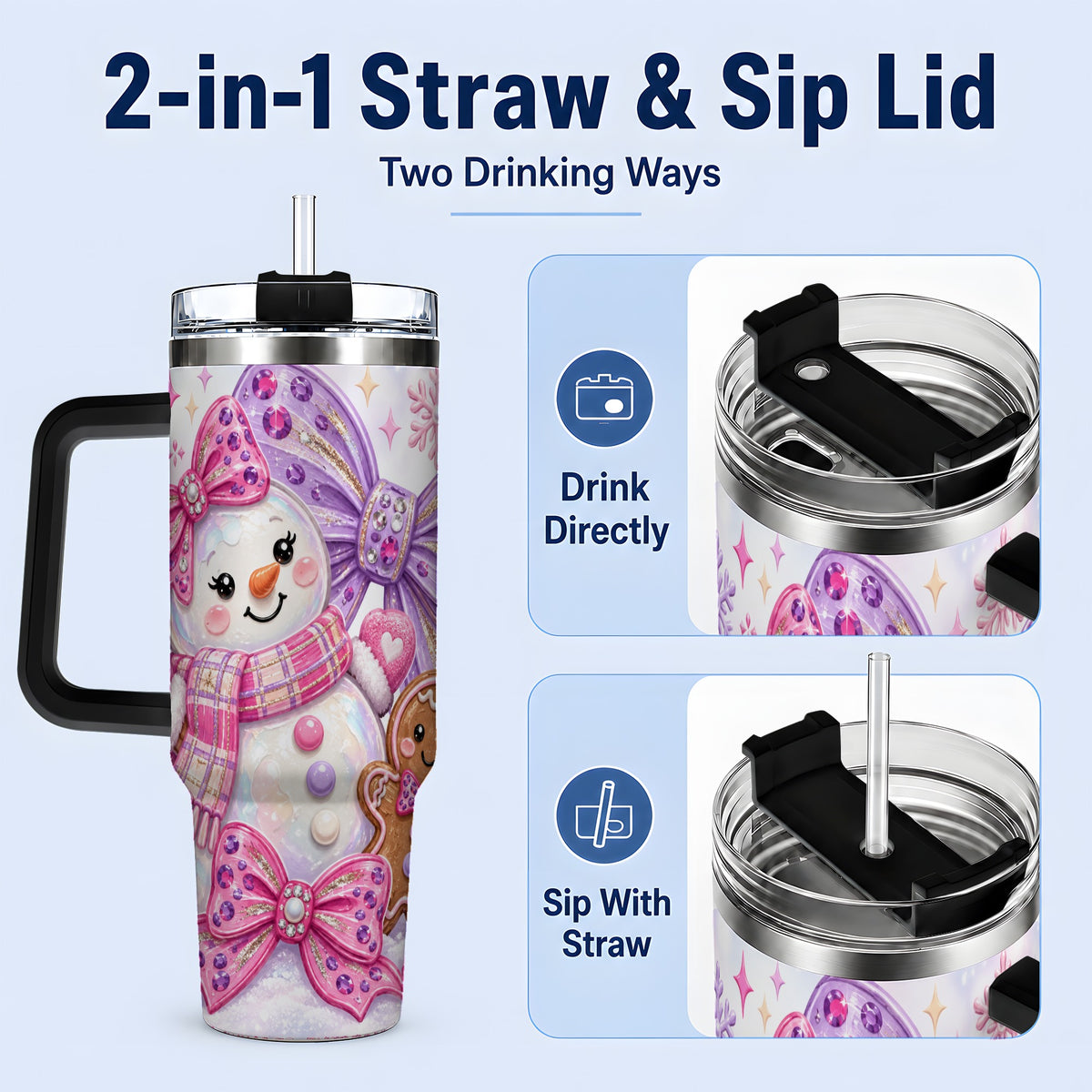 #pl[40oz|Black] Pink Gingerbread Christmas 40oz Tumbler with Snowman and Bow Artwork