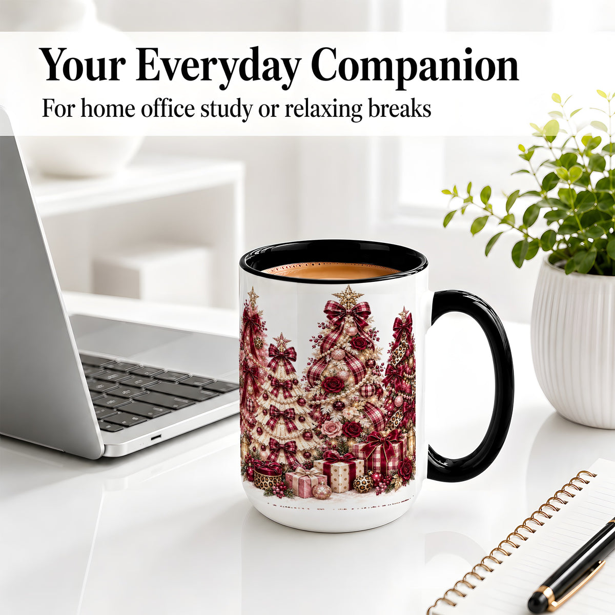 #pl[15oz|Black] Burgundy Plaid Christmas Ceramic Mug, Decorated Tree Artwork