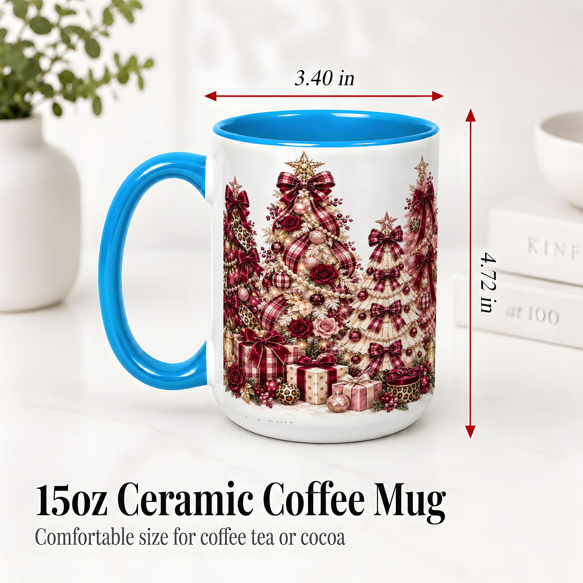 #pl[15oz|Blue] Burgundy Plaid Christmas Ceramic Mug, Decorated Tree Artwork