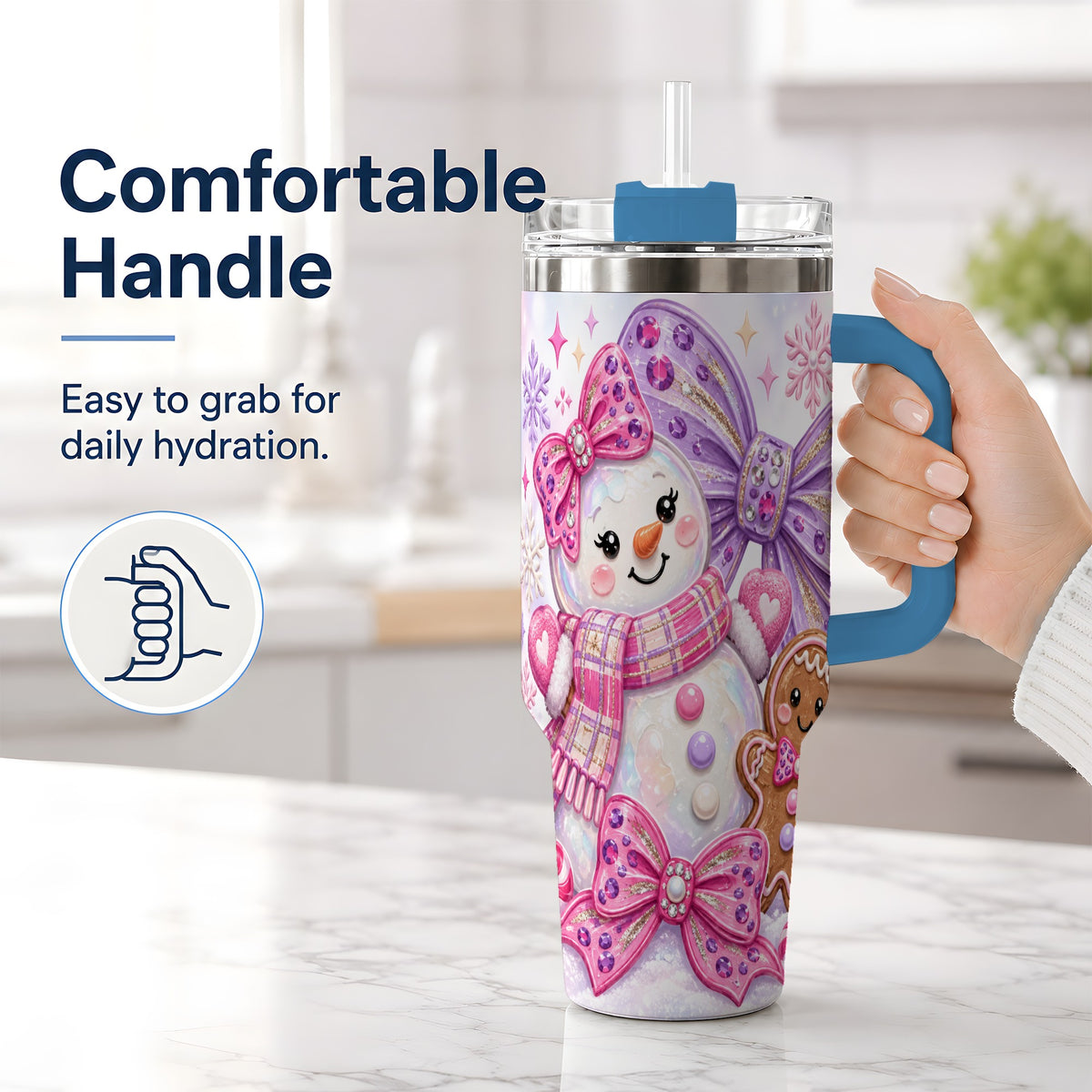 #pl[40oz|Blue] Pink Gingerbread Christmas 40oz Tumbler with Snowman and Bow Artwork