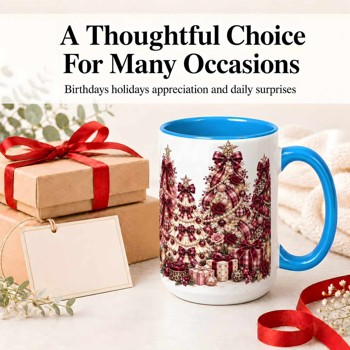 #pl[15oz|Blue] Burgundy Plaid Christmas Ceramic Mug, Decorated Tree Artwork