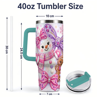 #pl[40oz|Green] Pink Gingerbread Christmas 40oz Tumbler with Snowman and Bow Artwork