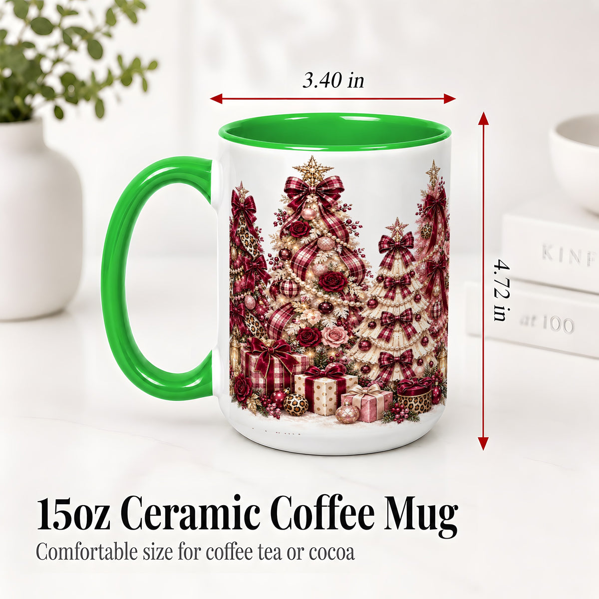 #pl[15oz|Green] Burgundy Plaid Christmas Ceramic Mug, Decorated Tree Artwork