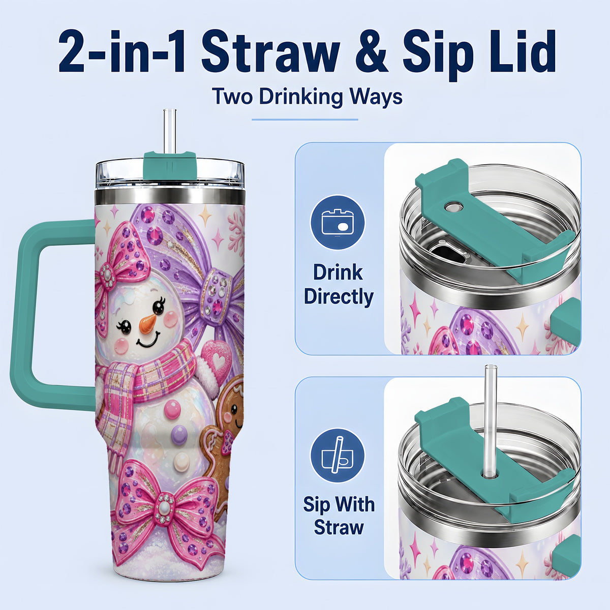#pl[40oz|Green] Pink Gingerbread Christmas 40oz Tumbler with Snowman and Bow Artwork