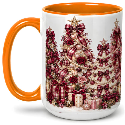 #pl[15oz|Orange] Burgundy Plaid Christmas Ceramic Mug, Decorated Tree Artwork