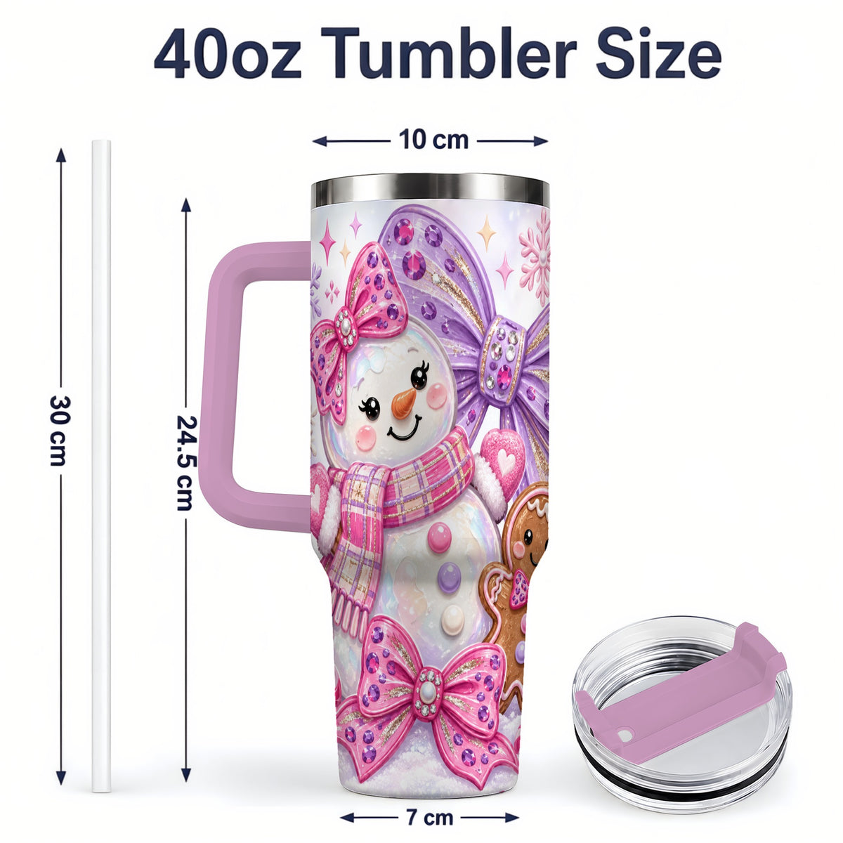 #pl[40oz|Pink] Pink Gingerbread Christmas 40oz Tumbler with Snowman and Bow Artwork