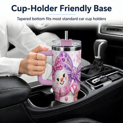 #pl[40oz|Pink] Pink Gingerbread Christmas 40oz Tumbler with Snowman and Bow Artwork