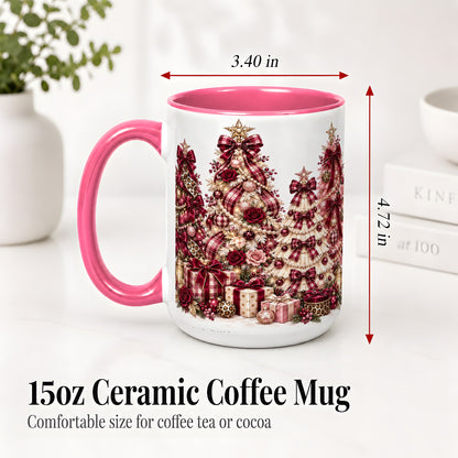#pl[15oz|Pink] Burgundy Plaid Christmas Ceramic Mug, Decorated Tree Artwork