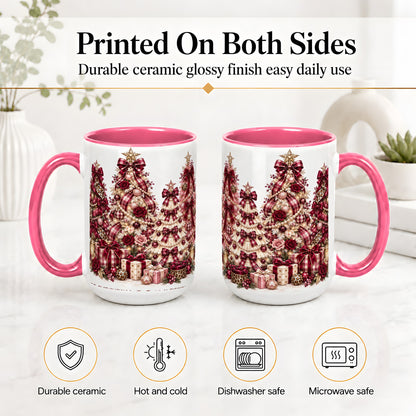 #pl[15oz|Pink] Burgundy Plaid Christmas Ceramic Mug, Decorated Tree Artwork