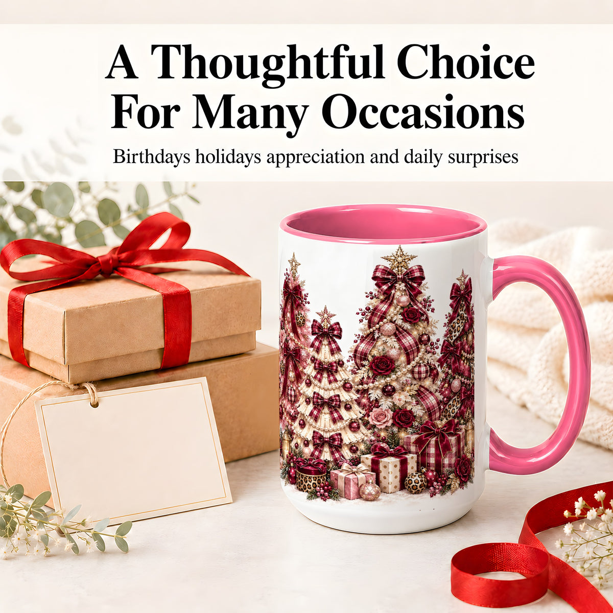 #pl[15oz|Pink] Burgundy Plaid Christmas Ceramic Mug, Decorated Tree Artwork