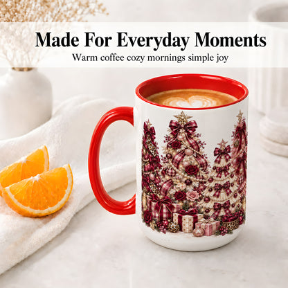 #pl[15oz|Red] Burgundy Plaid Christmas Ceramic Mug, Decorated Tree Artwork