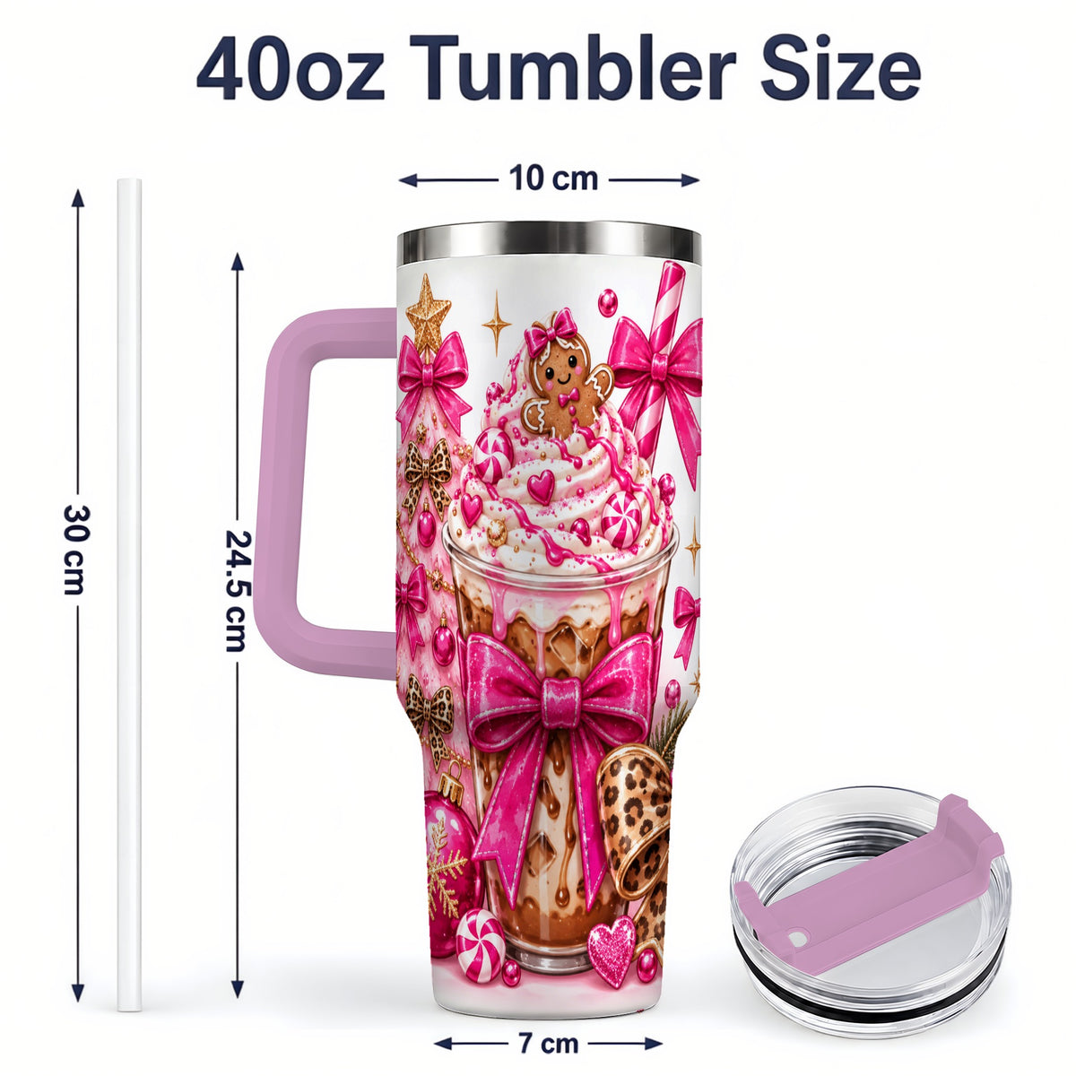 #pl[40oz|Pink] Pink Bow Christmas 40oz Tumbler with Coffee and Gingerbread Artwork