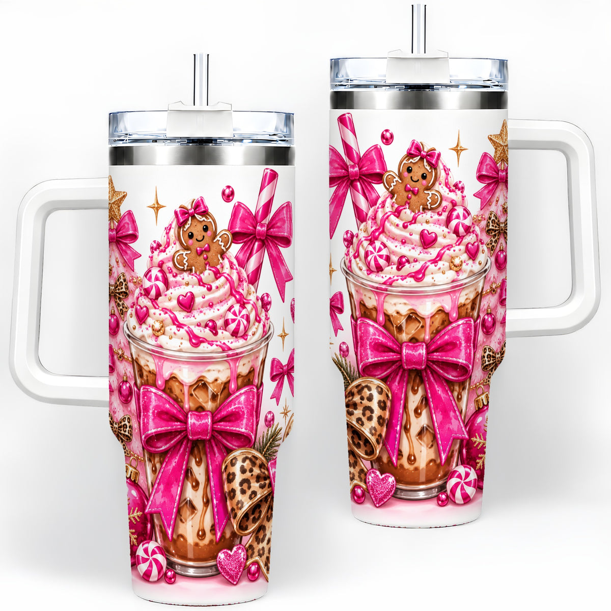 Pink Bow Christmas 40oz Tumbler with Coffee and Gingerbread Artwork