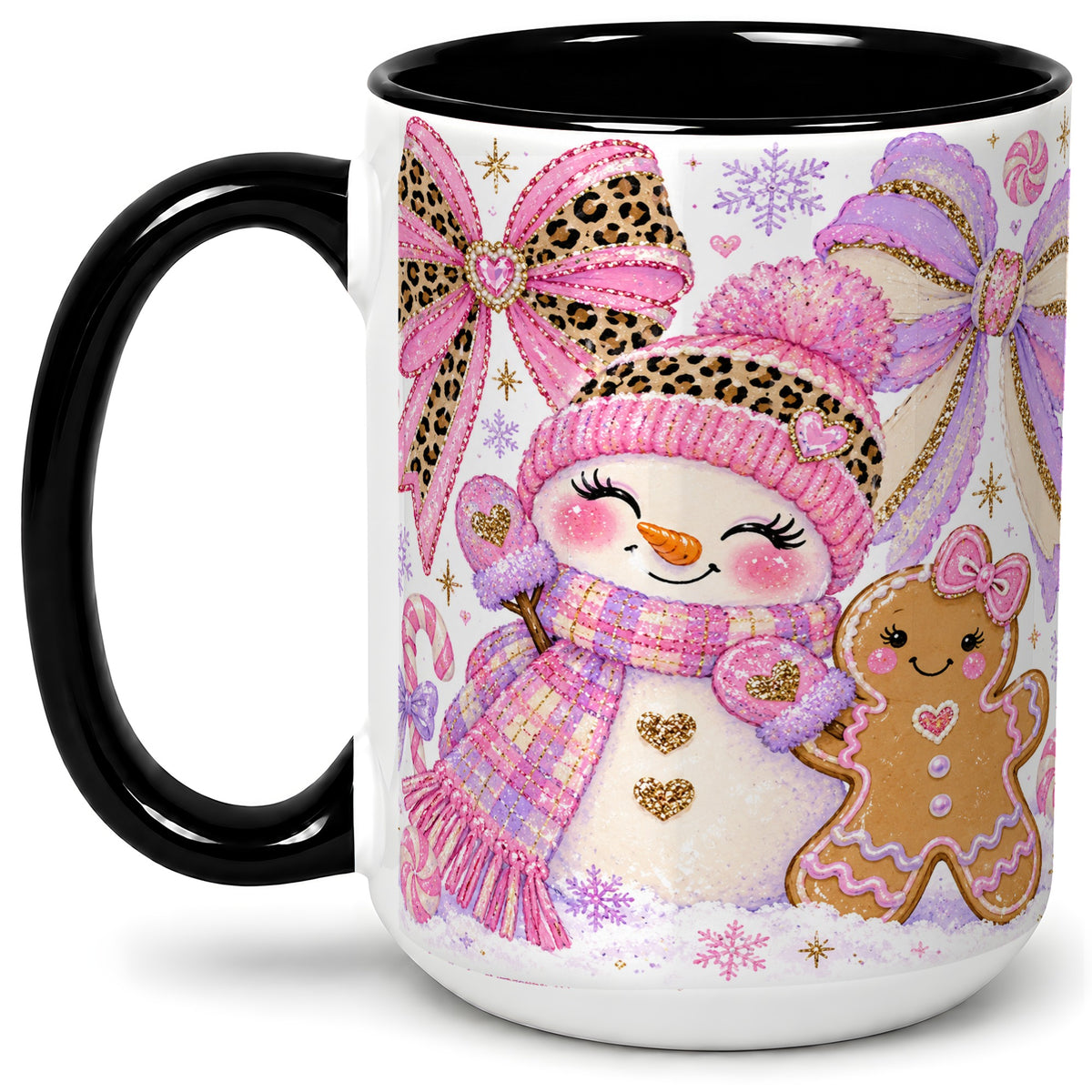 #pl[15oz|Black] Pink Snowman Christmas Ceramic Mug, Gingerbread Holiday Artwork