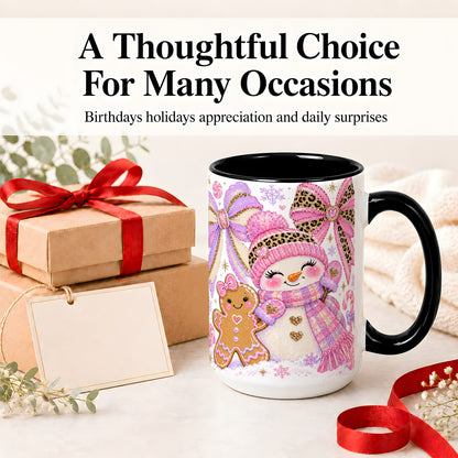 #pl[15oz|Black] Pink Snowman Christmas Ceramic Mug, Gingerbread Holiday Artwork