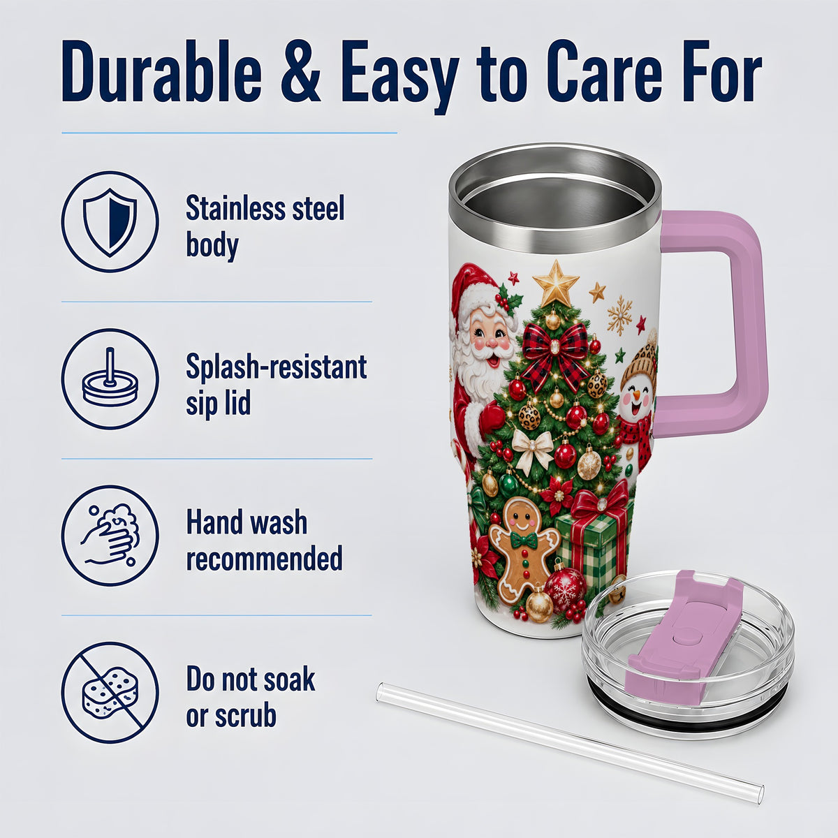 #pl[40oz|Pink] Traditional Christmas 40oz Tumbler with Santa Snowman Tree Artwork