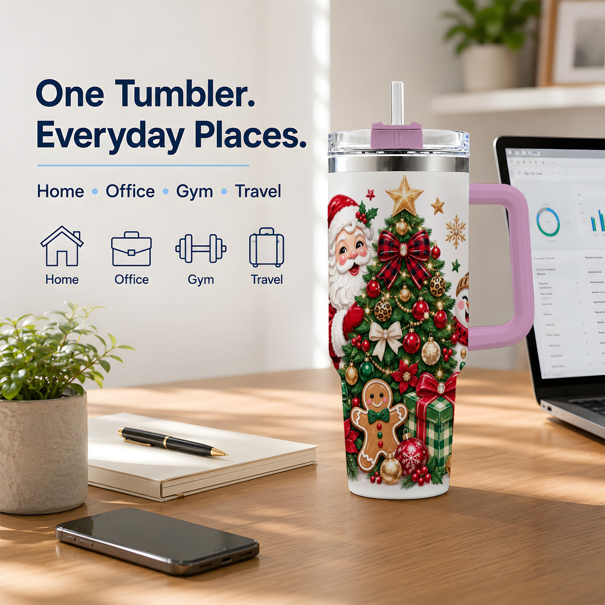 #pl[40oz|Pink] Traditional Christmas 40oz Tumbler with Santa Snowman Tree Artwork