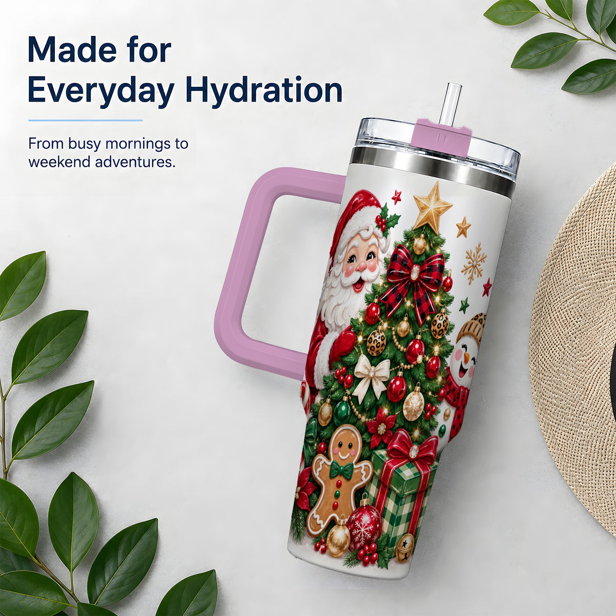 #pl[40oz|Pink] Traditional Christmas 40oz Tumbler with Santa Snowman Tree Artwork