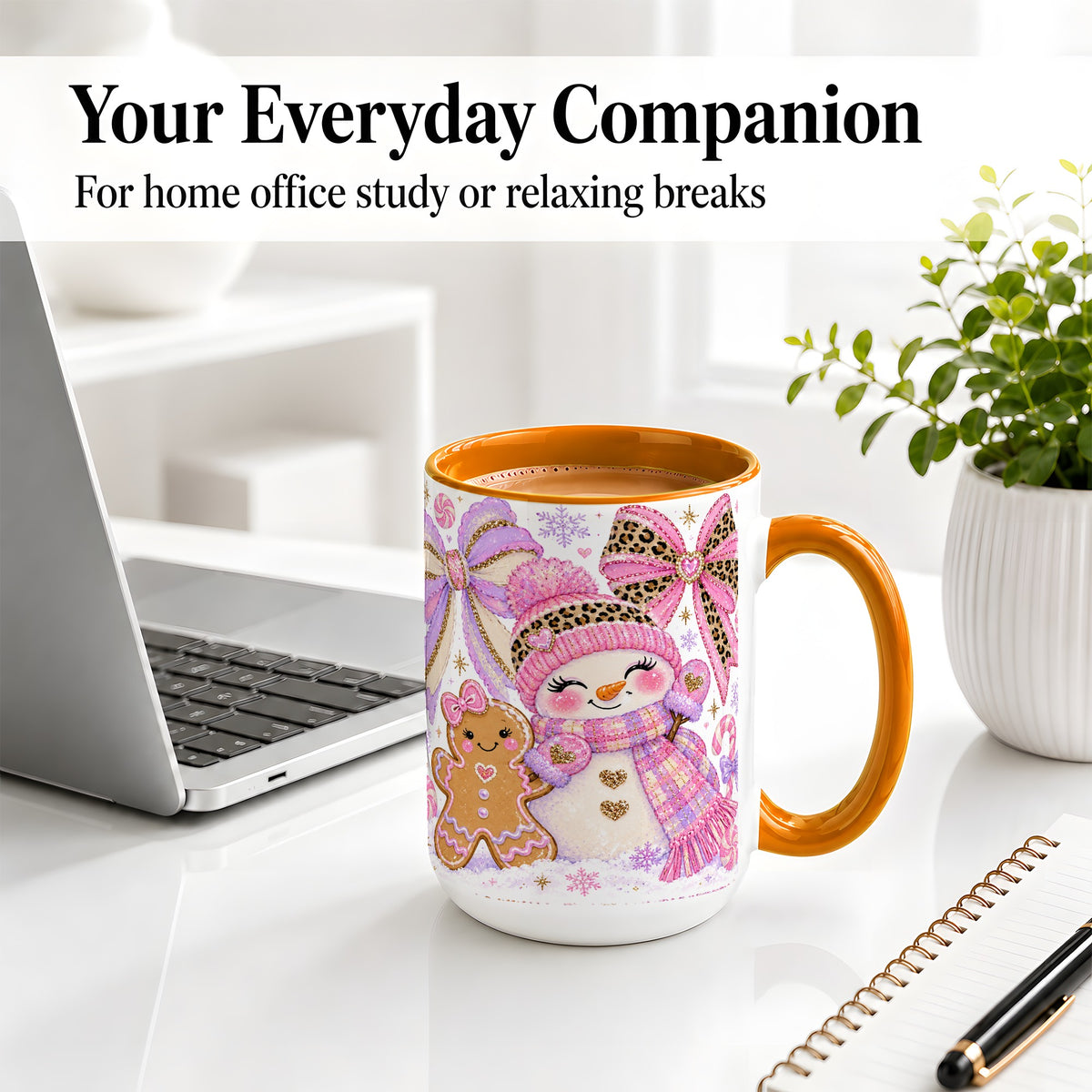 #pl[15oz|Orange] Pink Snowman Christmas Ceramic Mug, Gingerbread Holiday Artwork