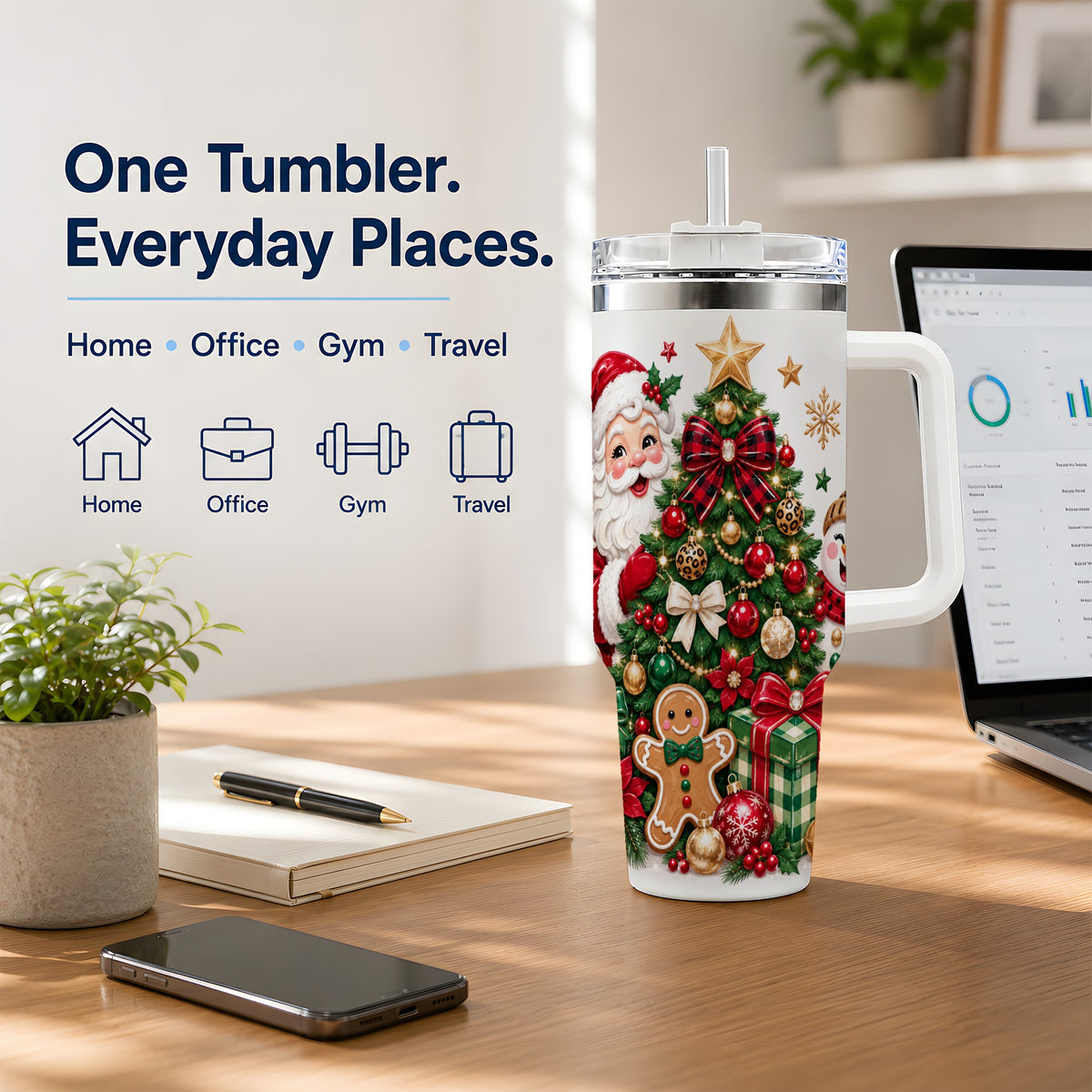 #pl[40oz|White] Traditional Christmas 40oz Tumbler with Santa Snowman Tree Artwork