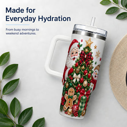 #pl[40oz|White] Traditional Christmas 40oz Tumbler with Santa Snowman Tree Artwork