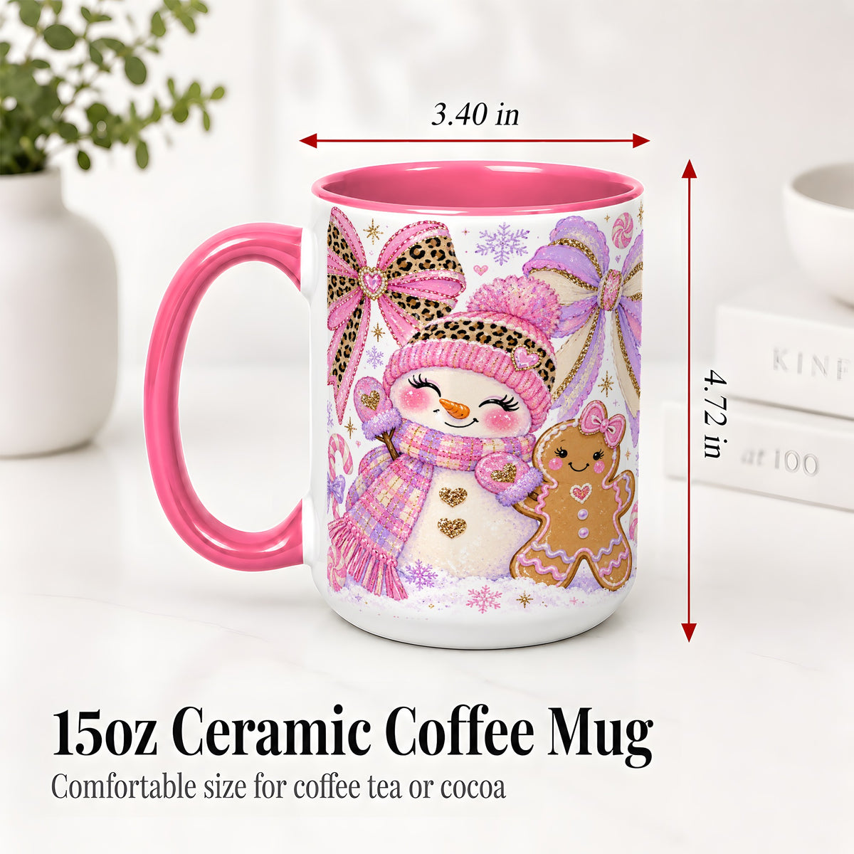 #pl[15oz|Pink] Pink Snowman Christmas Ceramic Mug, Gingerbread Holiday Artwork