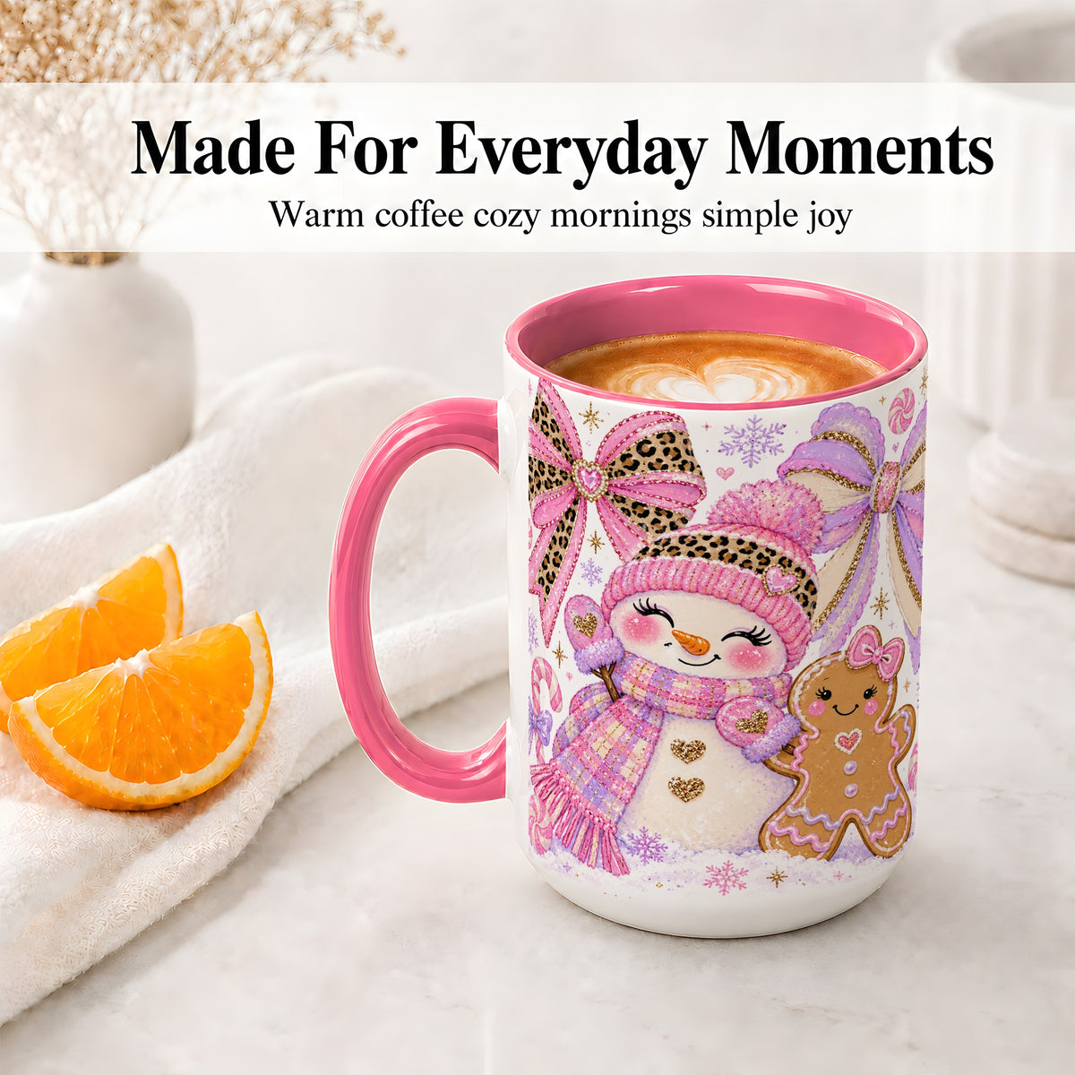 #pl[15oz|Pink] Pink Snowman Christmas Ceramic Mug, Gingerbread Holiday Artwork