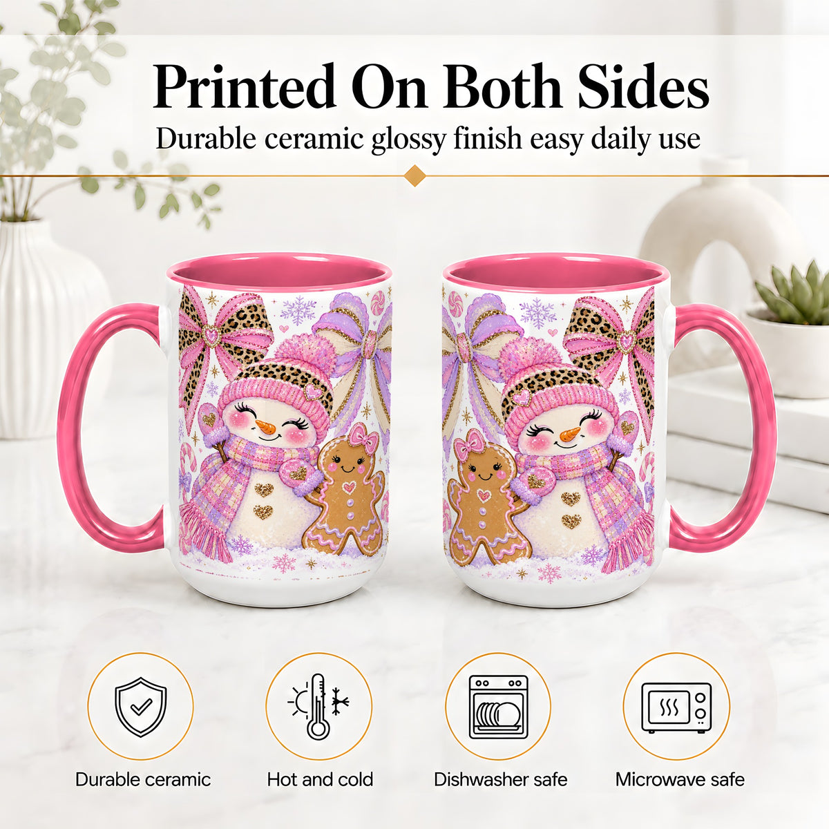 #pl[15oz|Pink] Pink Snowman Christmas Ceramic Mug, Gingerbread Holiday Artwork