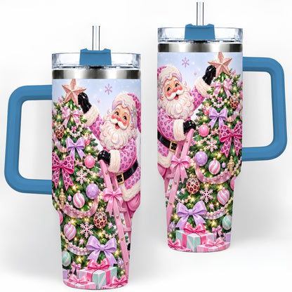 #pl[40oz|Blue] Leopard Tree Christmas 40oz Tumbler with Pink Santa and Bow Artwork