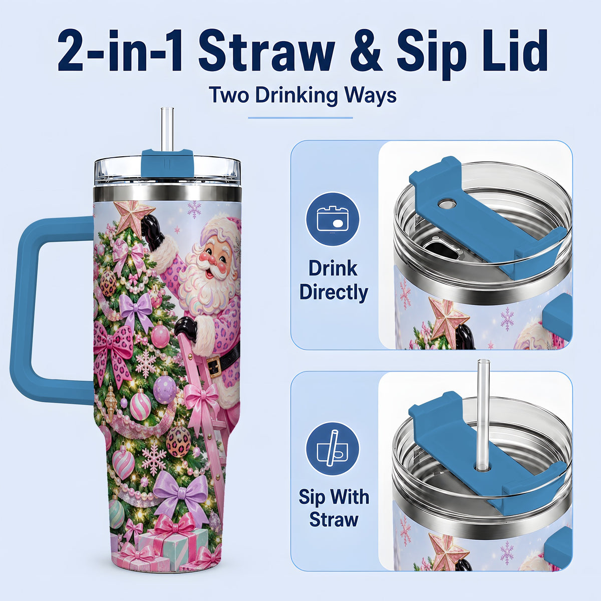 #pl[40oz|Blue] Leopard Tree Christmas 40oz Tumbler with Pink Santa and Bow Artwork