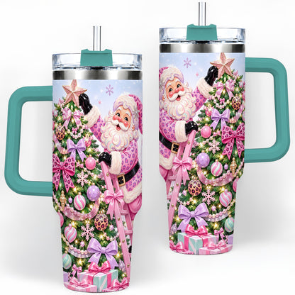 #pl[40oz|Green] Leopard Tree Christmas 40oz Tumbler with Pink Santa and Bow Artwork