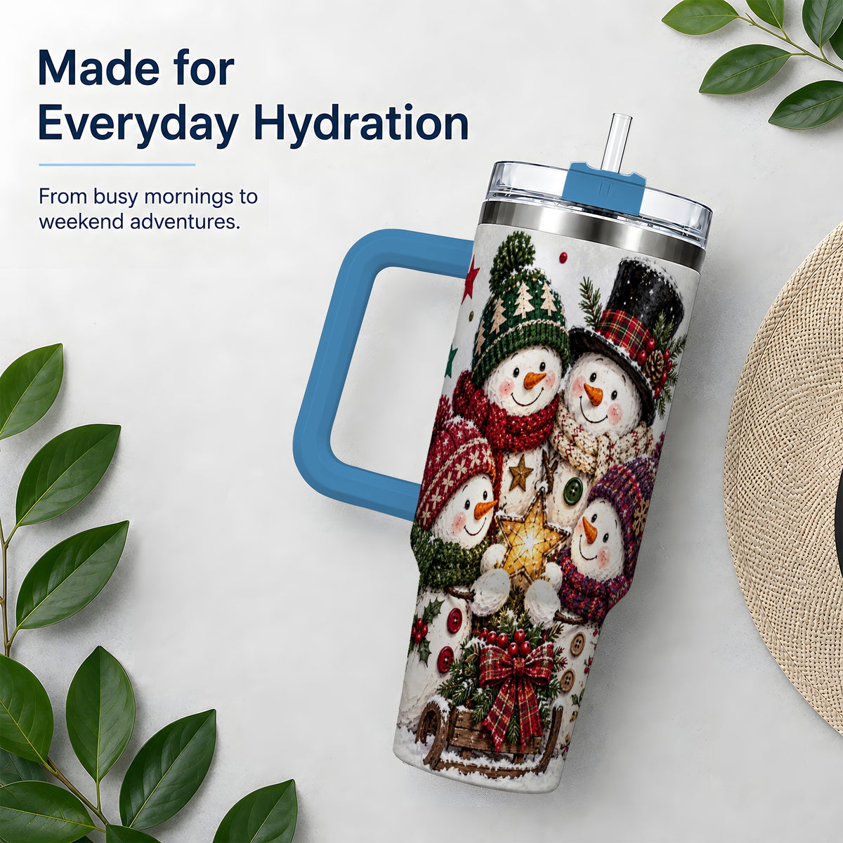 #pl[40oz|Blue] Snowman Winter Family 40oz Tumbler with Plaid Holiday Artwork