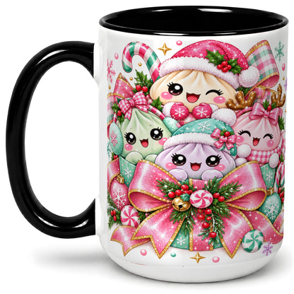 #pl[15oz|Black] Cute Pastel Christmas Ceramic Mug, Holiday Character Artwork