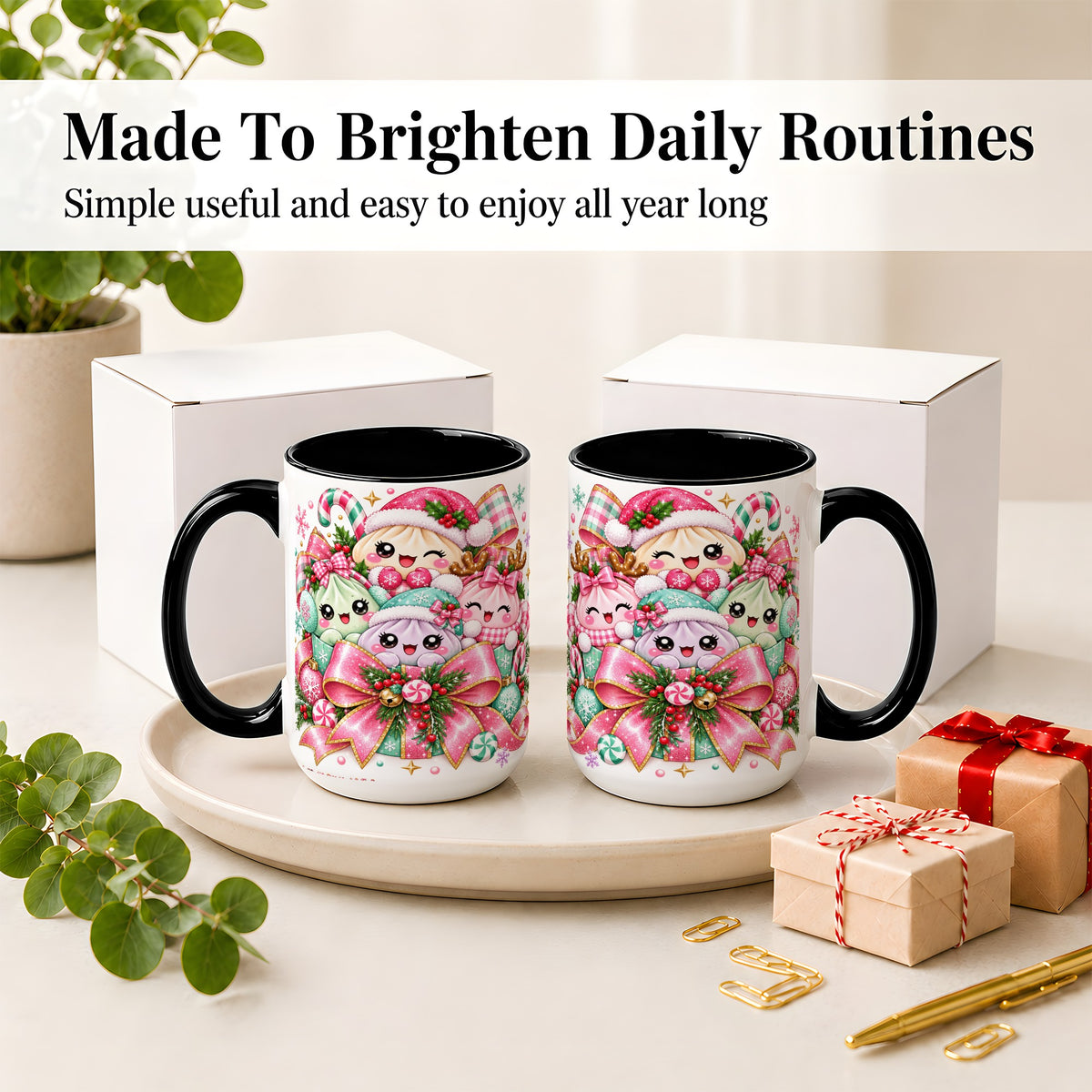 #pl[15oz|Black] Cute Pastel Christmas Ceramic Mug, Holiday Character Artwork