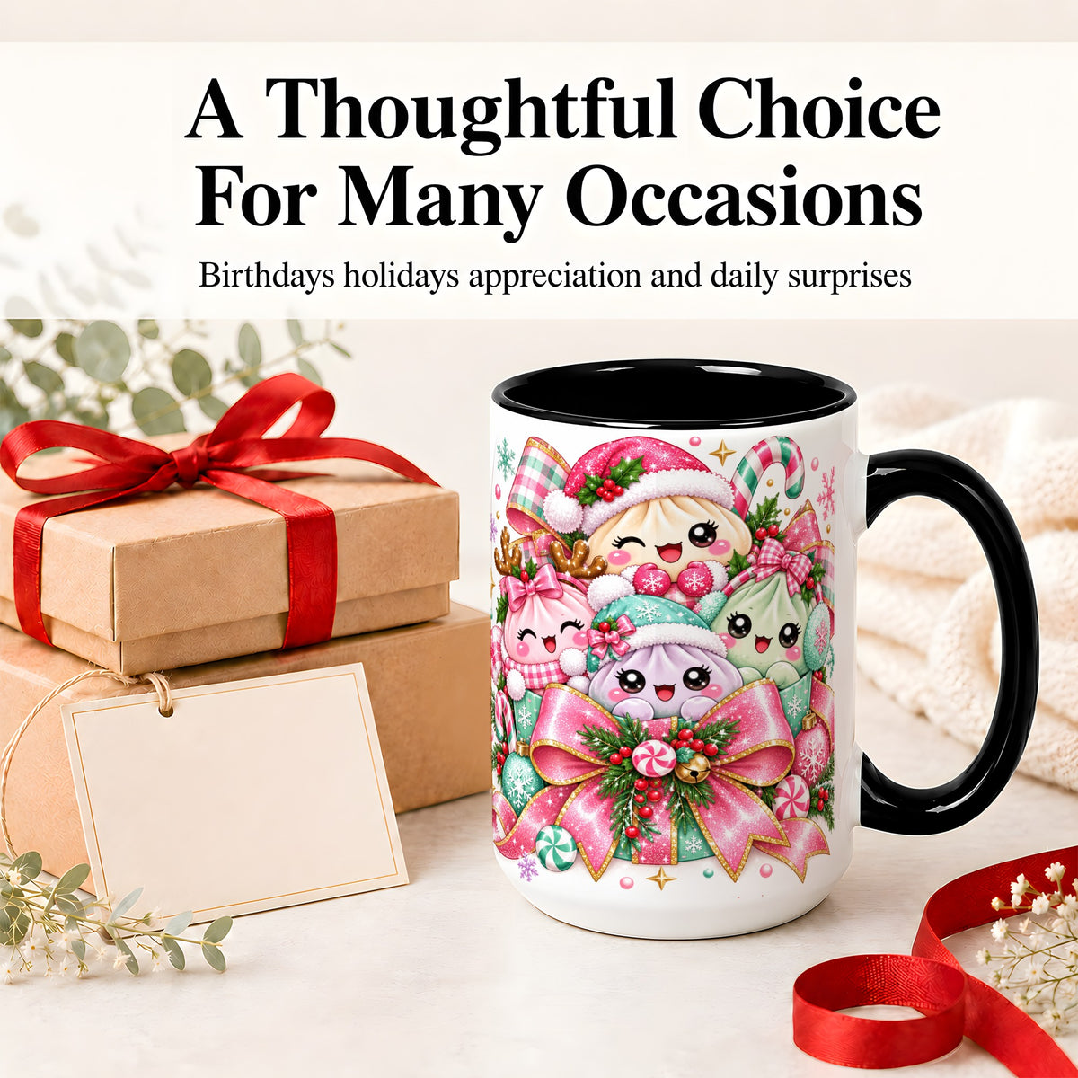 #pl[15oz|Black] Cute Pastel Christmas Ceramic Mug, Holiday Character Artwork