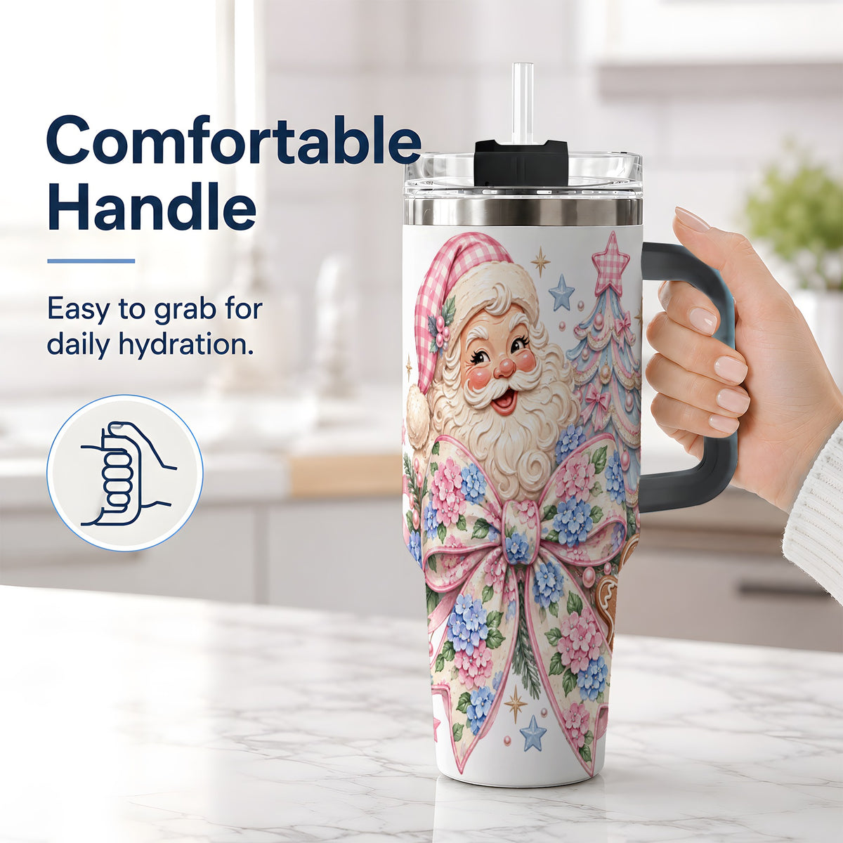 #pl[40oz|Black] Floral Gingerbread Christmas 40oz Tumbler with Santa Tree Artwork