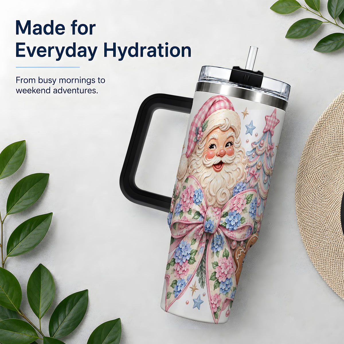 #pl[40oz|Black] Floral Gingerbread Christmas 40oz Tumbler with Santa Tree Artwork