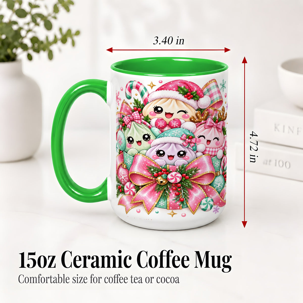 #pl[15oz|Green] Cute Pastel Christmas Ceramic Mug, Holiday Character Artwork