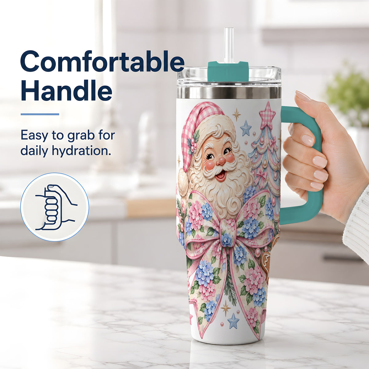 #pl[40oz|Green] Floral Gingerbread Christmas 40oz Tumbler with Santa Tree Artwork