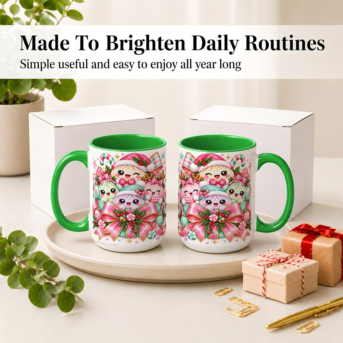 #pl[15oz|Green] Cute Pastel Christmas Ceramic Mug, Holiday Character Artwork