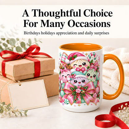 #pl[15oz|Orange] Cute Pastel Christmas Ceramic Mug, Holiday Character Artwork