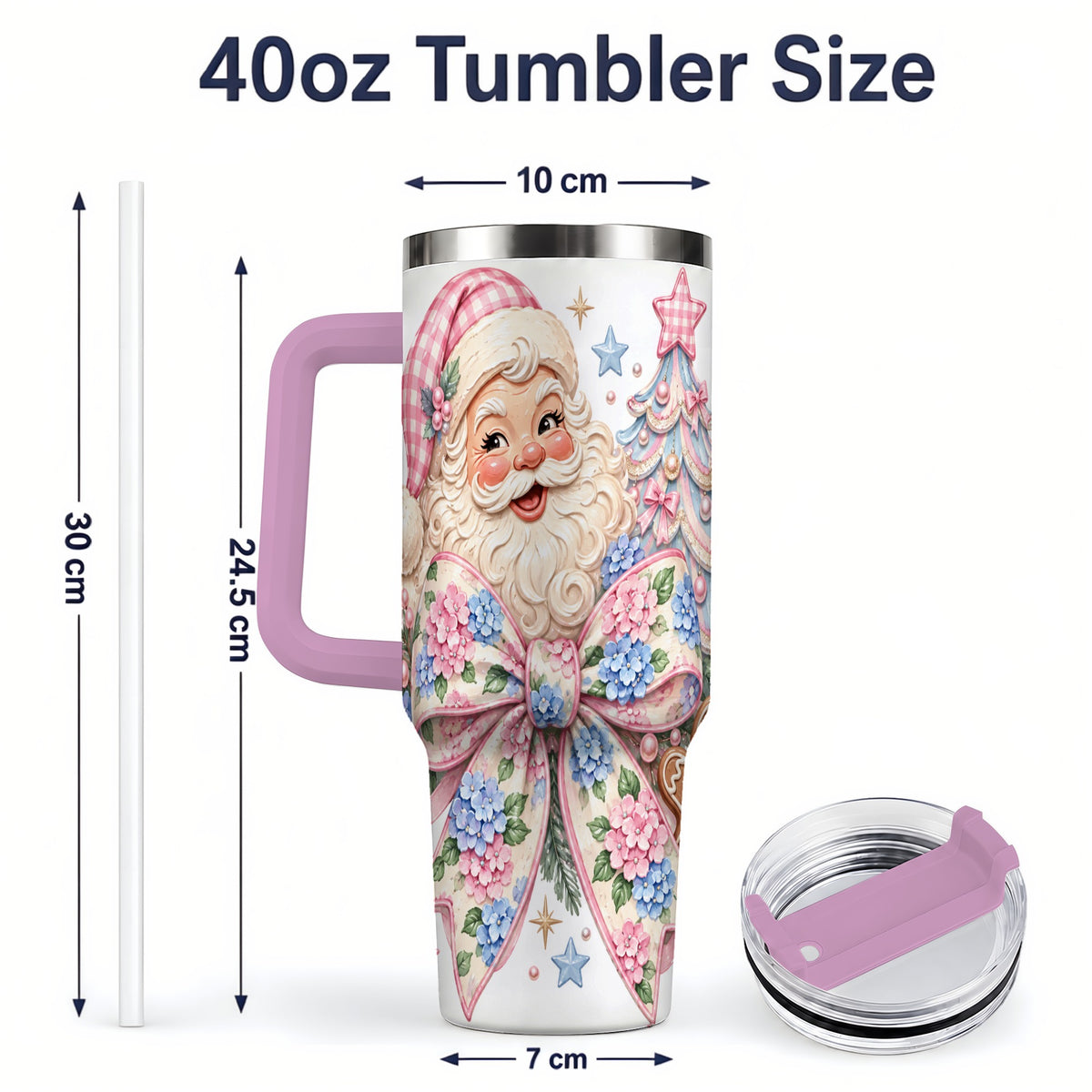 #pl[40oz|Pink] Floral Gingerbread Christmas 40oz Tumbler with Santa Tree Artwork