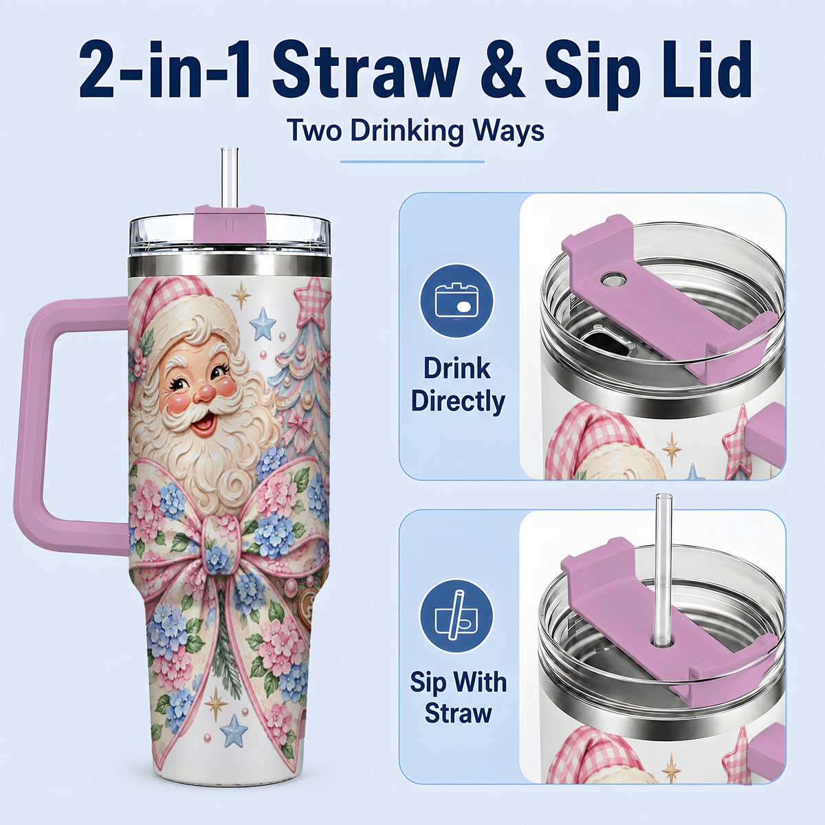 #pl[40oz|Pink] Floral Gingerbread Christmas 40oz Tumbler with Santa Tree Artwork