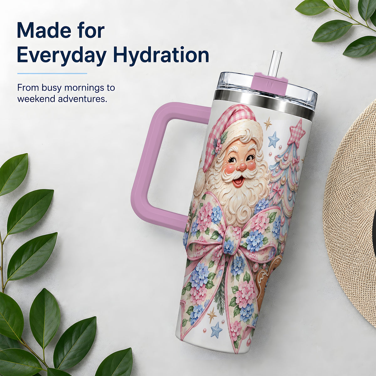 #pl[40oz|Pink] Floral Gingerbread Christmas 40oz Tumbler with Santa Tree Artwork