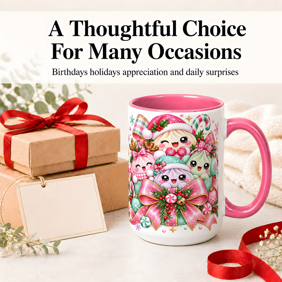 #pl[15oz|Pink] Cute Pastel Christmas Ceramic Mug, Holiday Character Artwork